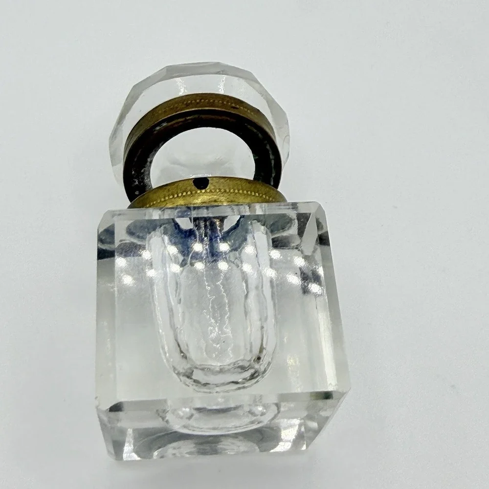 Antique Victorian Crystal Inkwell Cut Faceted Glass Brass Lid Hinge 2